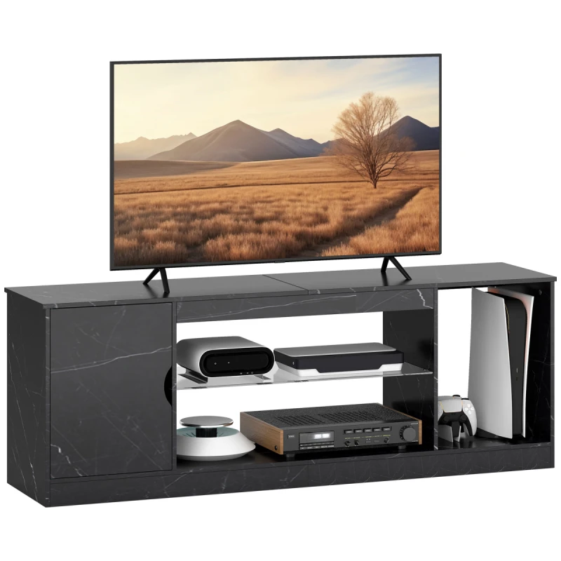 Image of HOMCOM HOMCOM Marble Effect TV Stand Cabinet with Glass Shelf for 55" TVs in Black Size: 150cm x 35cm Black 150cm x 35cm Unisex 5063603793804