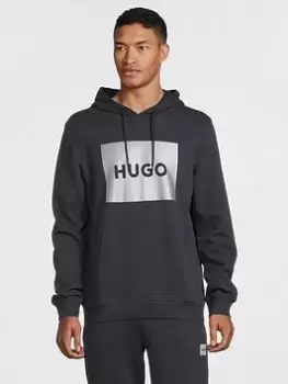 Image of HUGO Duratschi_g Metalic Logo Overhead Hoodie - Dark Blue, Dark Blue, Size 2XL, Men