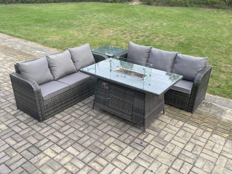 Image of Fimous Rattan Garden Furniture Set with Fire Pit Table 4 Pieces Outdoor Patio Lounge Sofa Set Dark Grey Mixed Dark Grey
