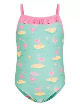 Image of Accessorize Girls Flamingo Print Swimsuit - Green, Size Age: 5-6 Years, Women