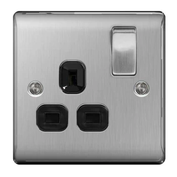 Image of BG Nexus Metal Brushed Steel Double 1 Gang Plug Socket Black Insert 13A - NBS21B
