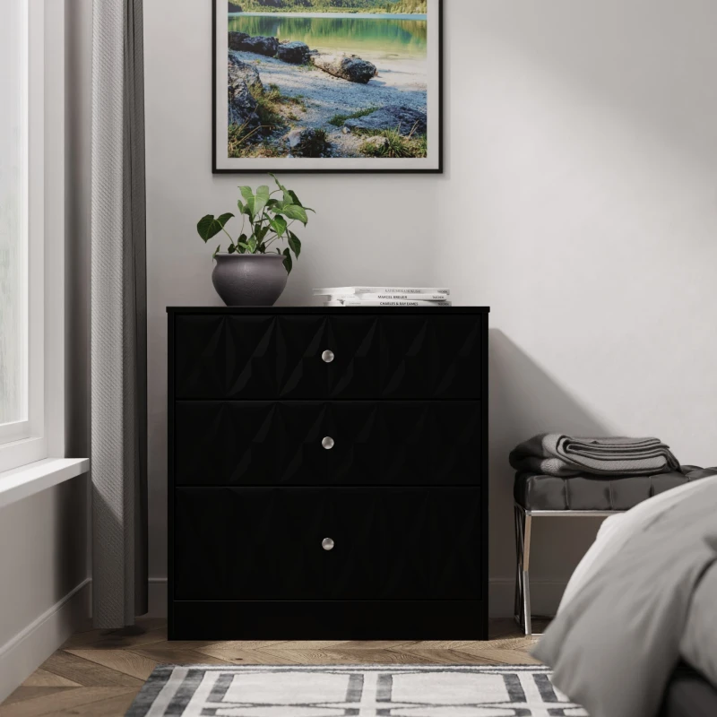 Image of Genoa Ready Assembled Matt Black 3 Drawer Chest (H)791mm (W)766mm (D)395mm