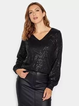 Image of Long Tall Sally Black Sequin V Neck Top, Black, Size 18, Women