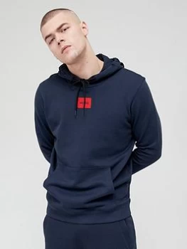 Image of HUGO Daratschi Red Patch Logo Overhead Hoodie - Dark Blue, Dark Blue Size M Men