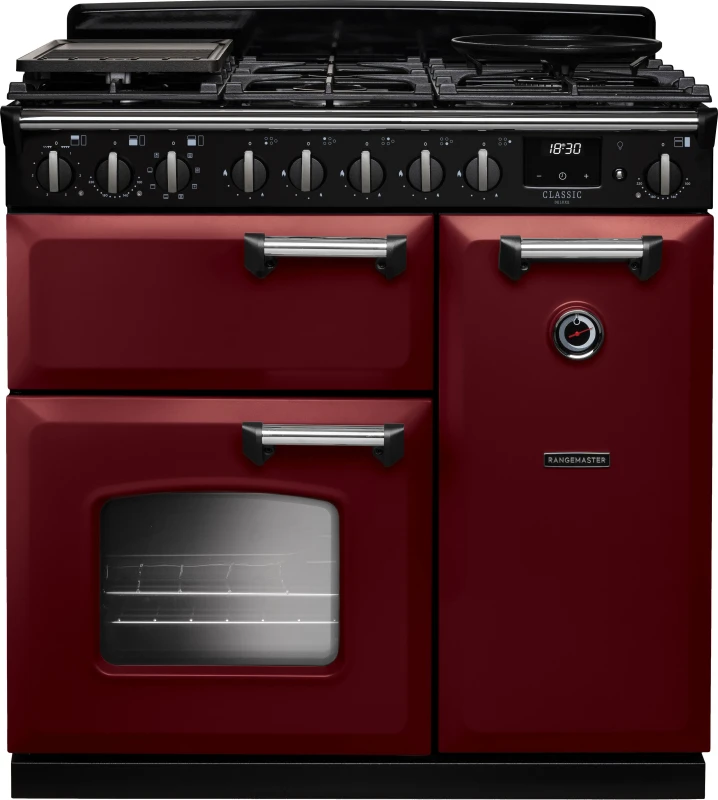 Image of Rangemaster Classic Deluxe CLDL90DFPBOR/CM1 90cm wide Dual Fuel Range Cooker with Gas Hob - Bordeaux / Chrome - A Rated