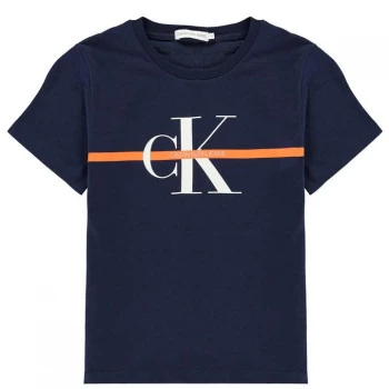 Image of Calvin Klein Junior Boys Monogram Stripe Short Sleeve T Shirt - Peacoat