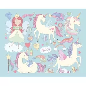 Image of Origin Murals Princess Unicorn Blue Wall Mural - 3.5 x 2.8m