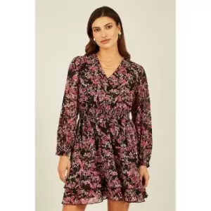 Image of Mela London Black Blossom Ruched Waist Skater Dress - Black