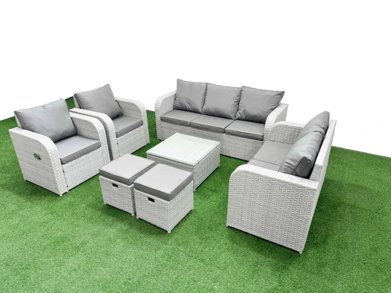 Image of Fimous PE Rattan Garden Furniture Set Adjustable Chair Sofa Double Love Seat 2 Seater Sofa Lounge Set Square Coffee Table 2 Stools Light Grey Light Gr