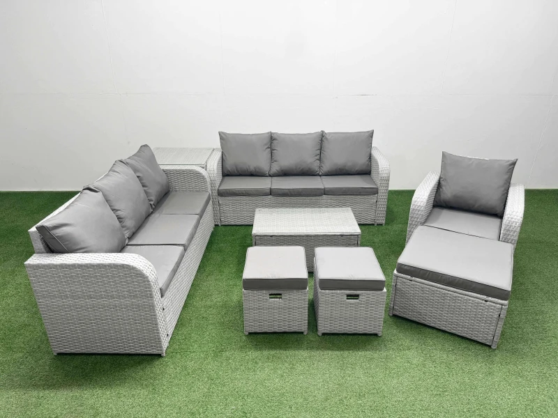 Image of Fimous 10 Seater Poly Rattan Outdoor Garden Furniture Sofa Set Patio 3 Seater Sofa Reclining Chair 3 Seater Sofa 3 Stools Side Table Light Grey Light