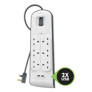 Image of Belkin BSV604AF2M 6 Socket Surge Protection Extension Lead with 2 USB Ports - 2M