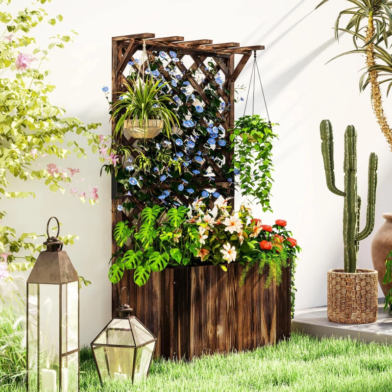 Image of Outsunny Wooden Planter with Trellis and Drainage Holes - Carbonised finish TJ Hughes 5063603487161