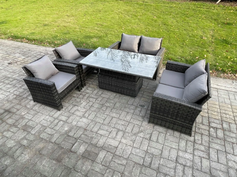 Image of Fimous Rattan Garden Furniture Sets 6 Seater Patio Outdoor Rising Lifting Table Sofa Set with Double Seat Sofa Dark Grey Mixed Dark Grey Unisex