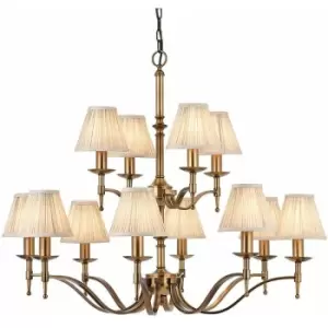 Image of Avery Ceiling Pendant Chandelier Light 12 Lamp Antique Brass & Beige Pleat Shade