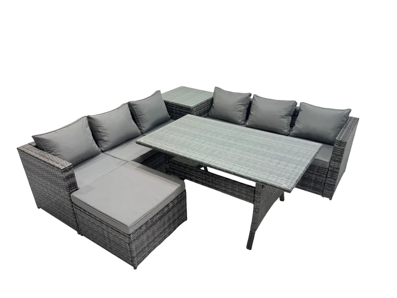 Image of Fimous 7 Seater Garden Rattan Furniture Set with Side Table Big Stool in Dark Grey Dark Grey Unisex