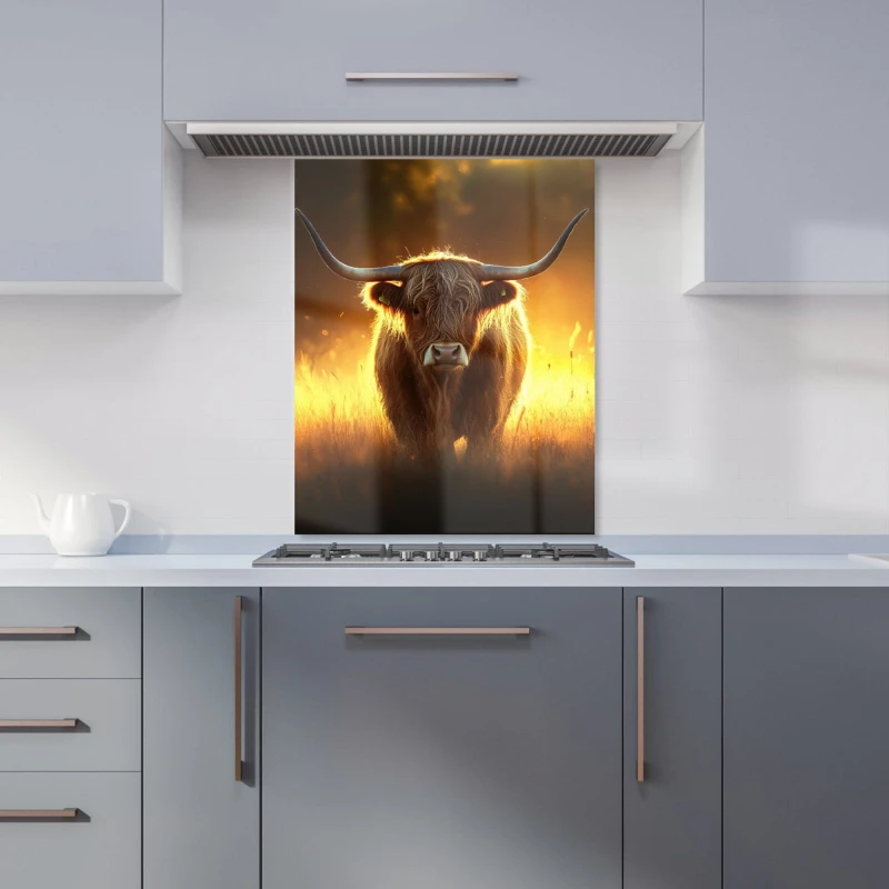 Image of Warren Reed - Designer Highland Cow Sunset Kitchen Splashback in Orange Size: 600mm x 750mm Orange Unisex 600mm x 750mm