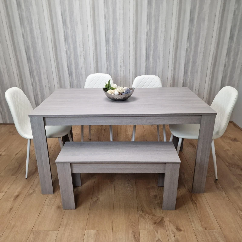 Image of KOSY KOALA Grey Dining Table with 4 Diamond Stitched White Chairs and 1 Bench Grey