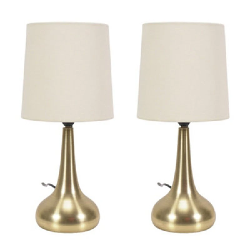 Image of ValueLights ValueLights Teardrop Pair of Fabric Shades Brushed Gold Bedside Touch Table Lamps in Cream Cream One Size Unisex 5016529269502