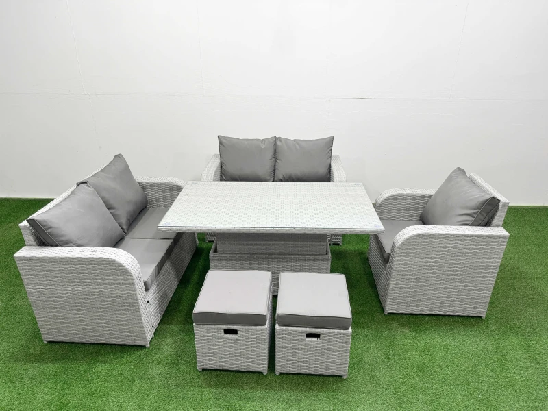 Image of Fimous High Back Poly Rattan Garden Furniture Set with Adjustable Lifting Dining or Coffee Table Indoor Outdoor Patio Set 2 Stool