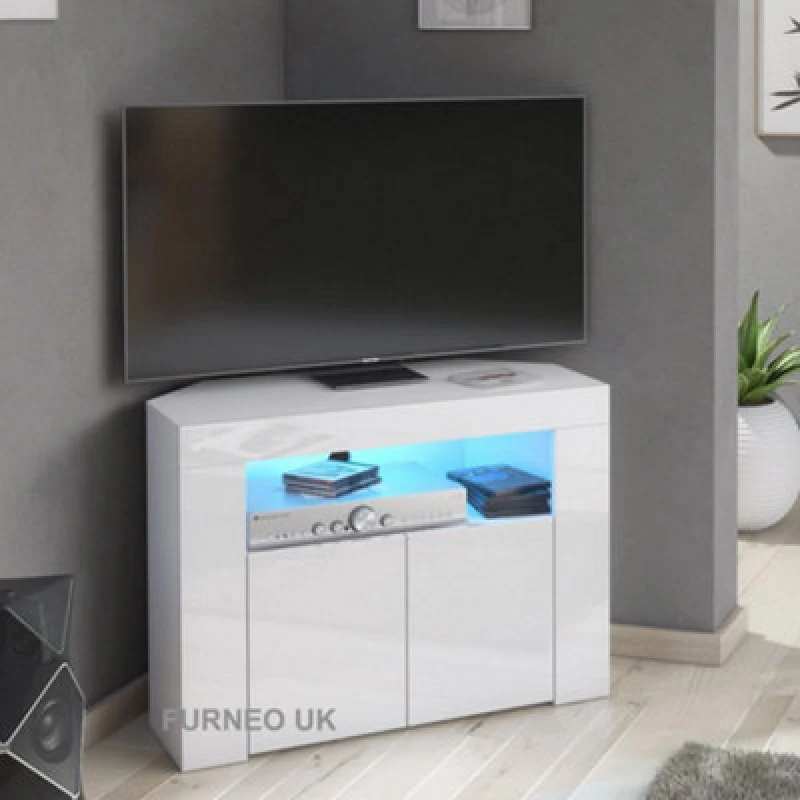 Image of Furneo Corner TV Stand Unit Cabinet Matt & High Gloss Clifton 07 Blue LED Lights