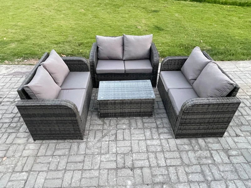 Image of Fimous Outdoor Garden Furniture Sets 6 Seater Wicker Rattan Furniture Sofa Sets with Rectangular Coffee Table Love Sofa Dark Grey Mixed Dark Grey