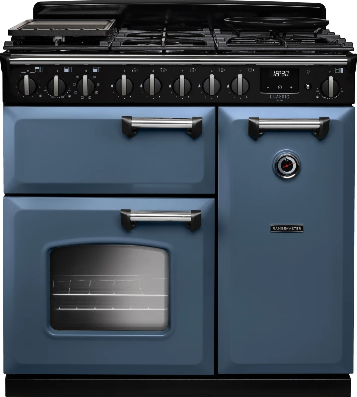 Image of Rangemaster Classic Deluxe CLDL90DFPSTB/CM1 90cm wide Dual Fuel Range Cooker with Gas Hob - Stone Blue / Chrome - A Rated