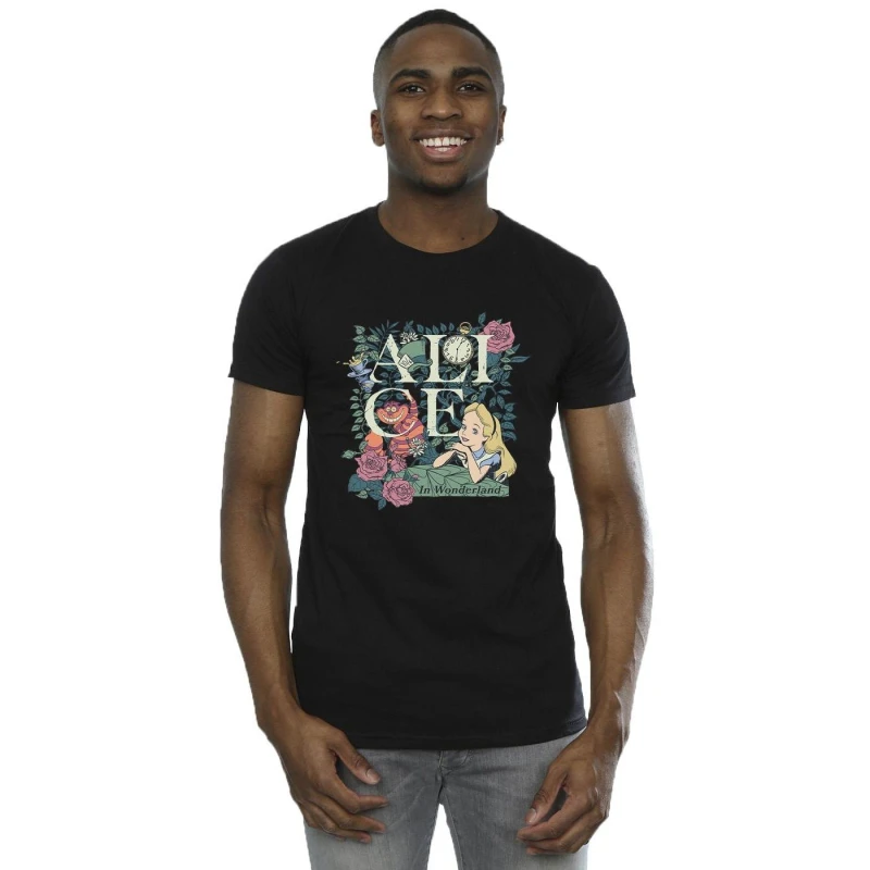 Image of Disney Men Alice In Wonderland Leafy Garden T-Shirt in Black Size: Small Black S Male 5063283629073