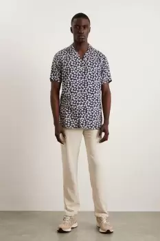 Image of Navy Small Floral Print Viscose Revere Shirt