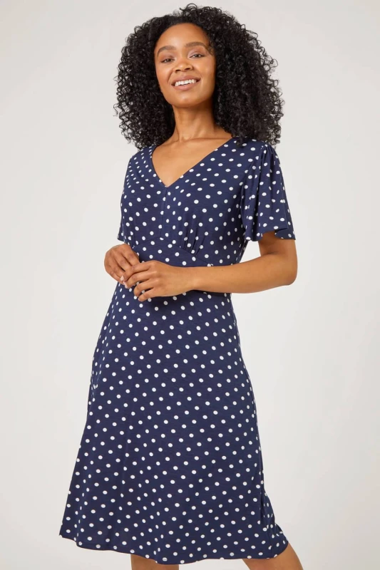 Image of Roman Womens Petite Spot Print Stretch Jersey Dress in Navy Size: 16 Navy Female 16