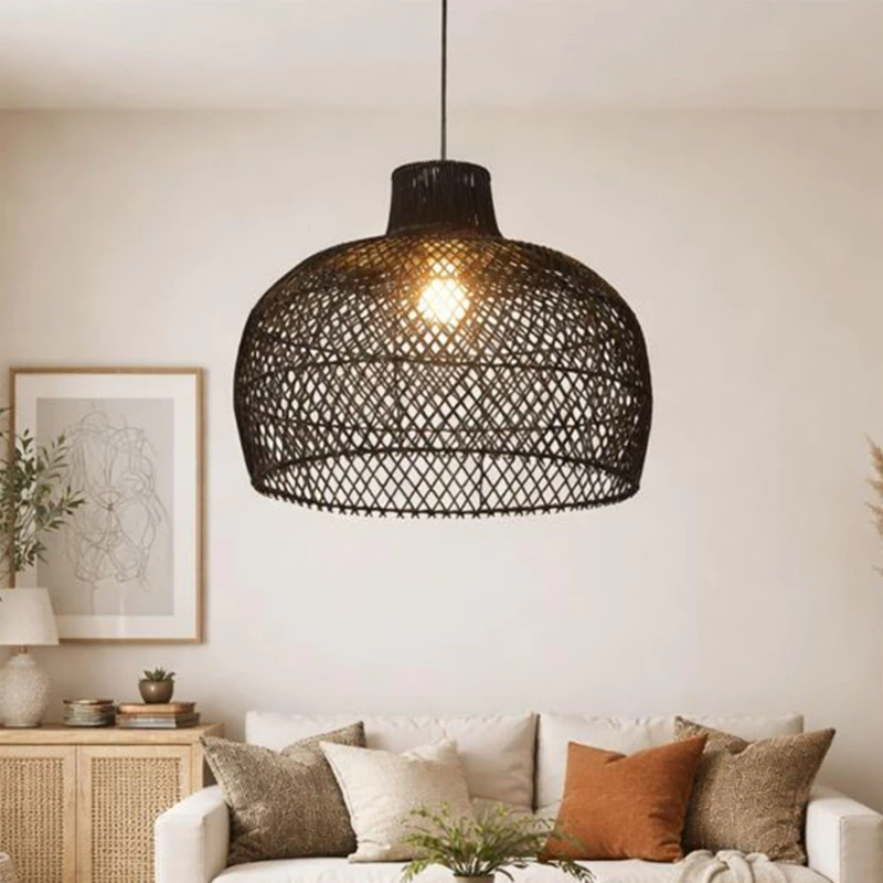 Image of SO'HOME 50cm Easy-Fit Bell Rattan Lampshade in Black ONE SIZE