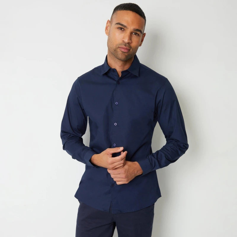 Image of Threadbare 'Wymott' Cotton Long Sleeve Shirt With Stretch Navy