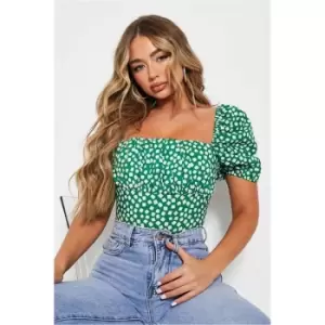 Image of I Saw It First Square Print Puff Sleeve Bodsyuit - Green