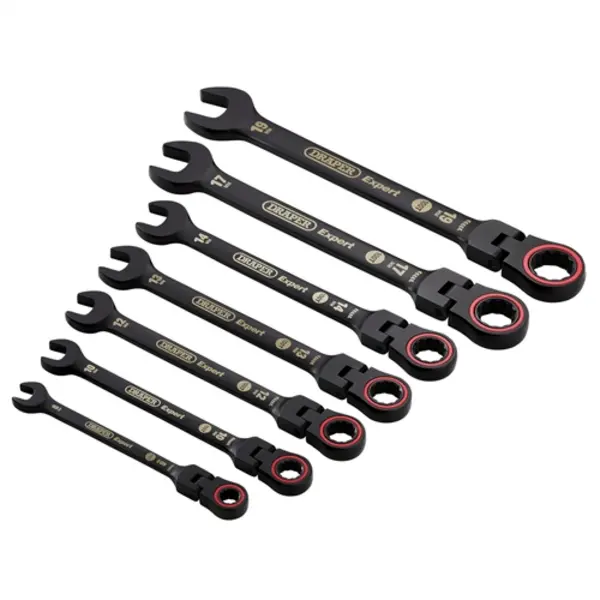 Image of Draper Expert HI-TORQ Metric Flexible Head Ratchet Combination Spanner Set, Black (7 Piece)