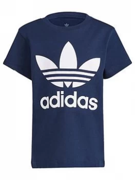 Image of Boys, adidas Originals Unisex Younger Short Sleeve Trefoil T-Shirt - Navy/White, Size 5-6 Years