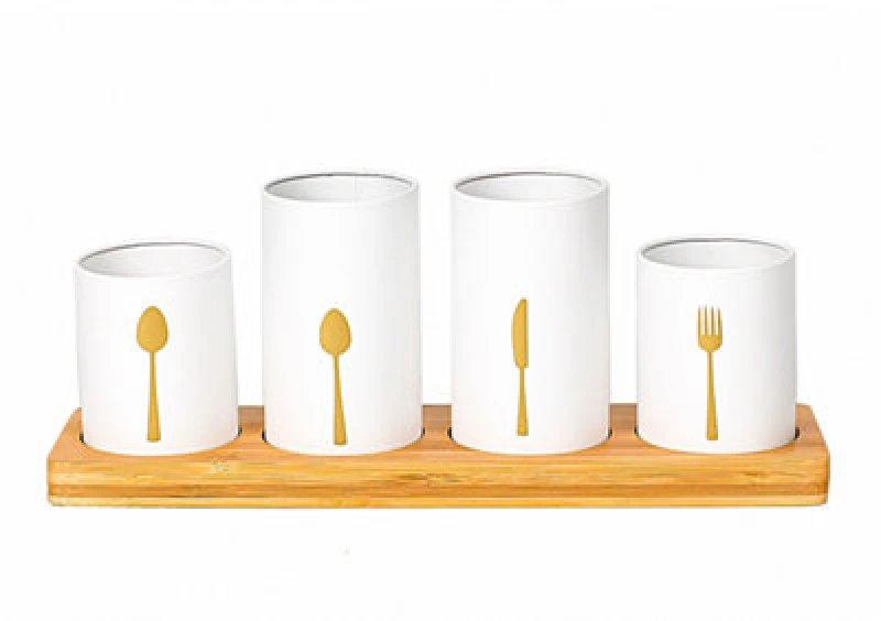 Image of Innoteck Essentials 4Pcs Kitchen Cutlery Holder Set With Bamboo Stand - White