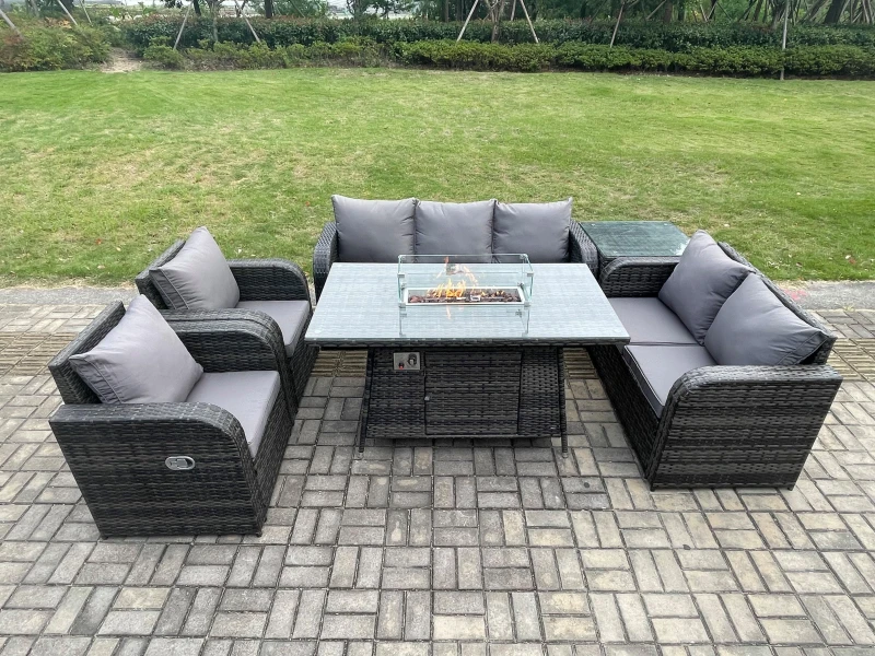 Image of Fimous PE Wicker Outdoor Rattan Garden Furniture Set Propane Gas Fire Pit Table and Sofa Chair set with Side Table 7 Seater Dark Grey