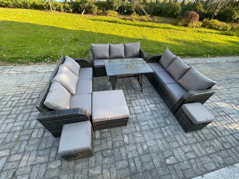 Image of Fimous 12 Seater Wicker Rattan Garden Furniture Set with Rectangular Dining Table 3 Footstools Patio Outdoor Lounge Sofa Set Dark Grey