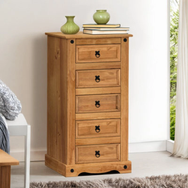 Image of Mercers Furniture Corona 5 Drawer Narrow Chest Of Drawers Solid Wood Pine With Mexican Styling Wooden