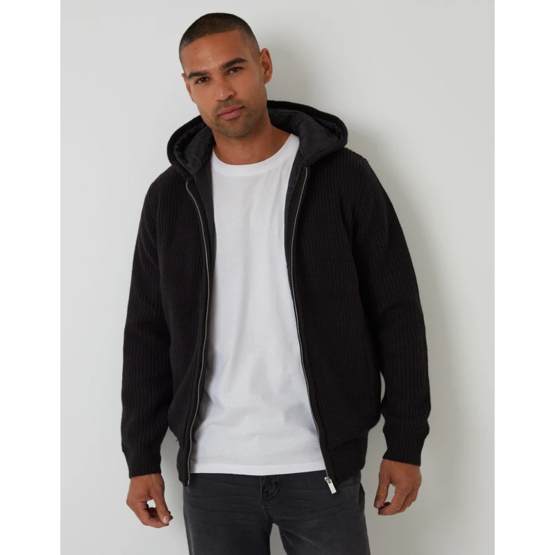 Image of Threadbare Threadbare Men Padded Knitted Jacket With Puffer Lining in Black Size: Medium Black M Male 7625915185692