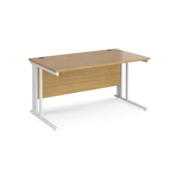 Image of Office Desk 1400mm Rectangular Desk With Cable Managed Leg Oak Tops With White Frames 800mm Depth Maestro 25