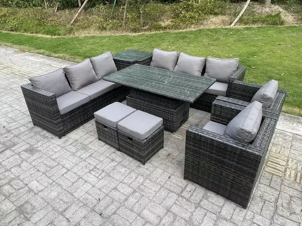 Image of Fimous 8 Seater Outdoor Dark Grey Rattan Lounge Complete Sofa Set with Adjustable Rising Lifting Side Table and 2 Big Footstool