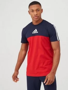 Image of Adidas 3 Stripe Panel T-Shirt - Red/Navy