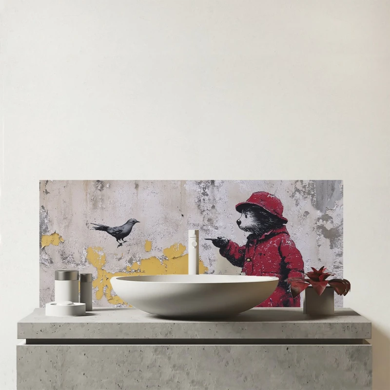 Image of Warren Reed - Designer Banksy Inspired Bear Glass Bathroom Splashback Multicolor Unisex