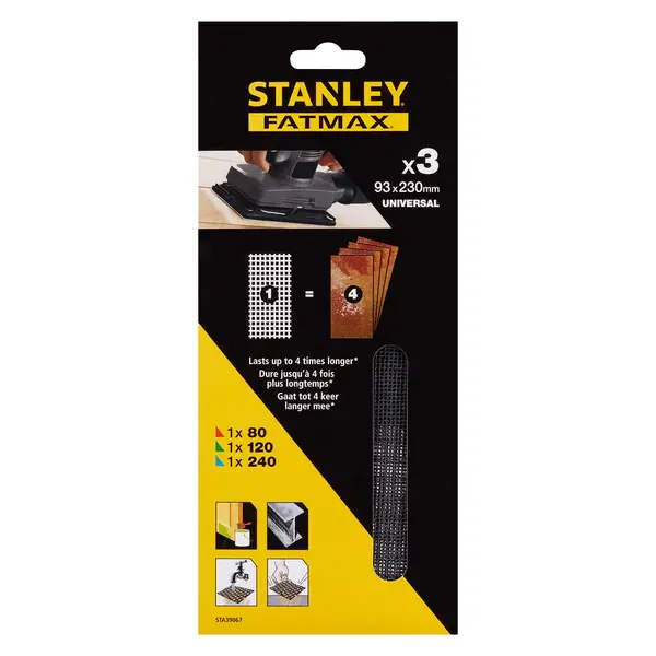 Image of STANLEY FATMAX - 3x Assorted 1/3 Mesh Sanding Sheets 93 x 190mm (80g/120g/240g)