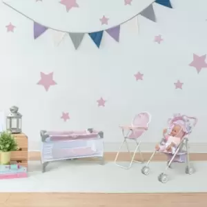Image of Olivia's Little World 3-in-1 Doll Pushchair Stroller, Doll High Chair & Cot Set OL-00014 - Pink/Grey