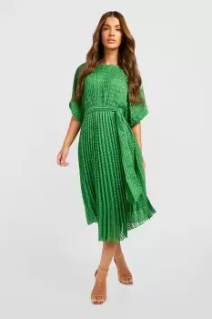 Image of Dobby Pleated Puff Sleeve Midi Dress