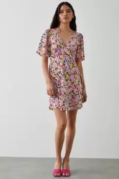 Image of Pink Floral Flutter Sleeve Mini Dress
