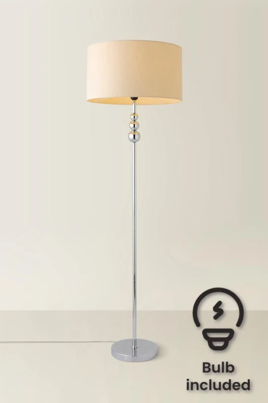 Image of ValueLights Marissa Fabric Drum Shade with Chrome Stacked Ball Floor Lamp with LED Bulb Nude
