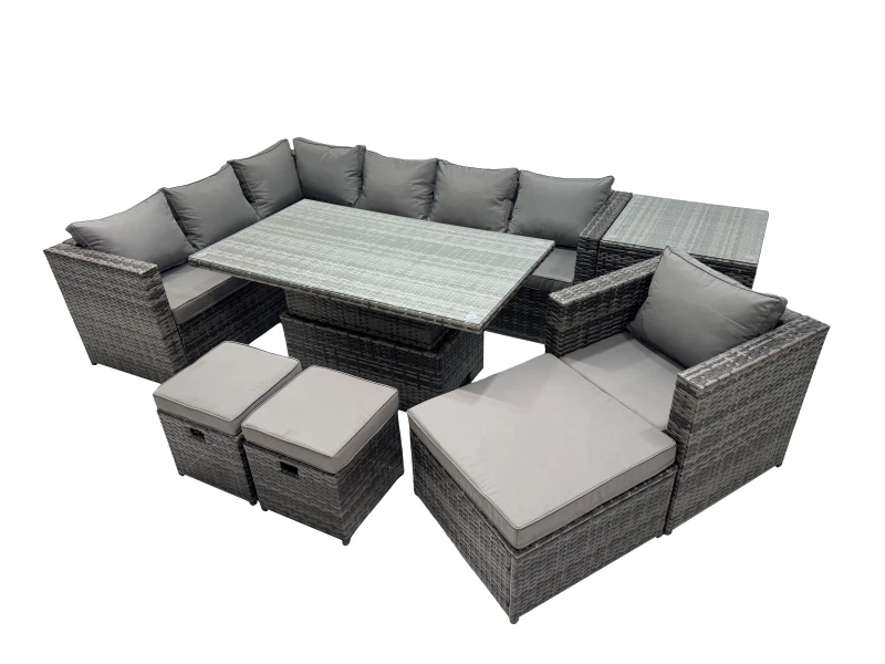 Image of Fimous 10-seater Corner Sofa Set Rattan Garden Furniture Dining Set in Dark Grey Dark Grey Unisex