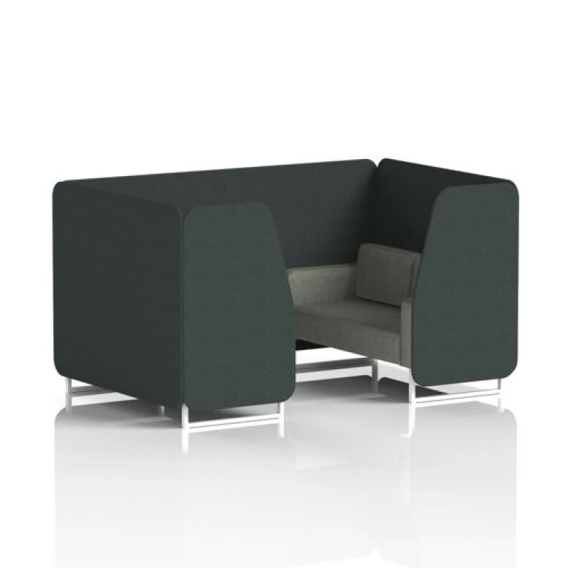 Image of Brixworth 4 Seater Office Booth with Front Panel - White Legs in Rivet Fabric - Charcoal Panels and Vitreous Sofa